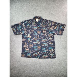 Tommy Bahama Shirt Mens Large Blue Silk Short Sleeve Floral Aloha Button‎ Up